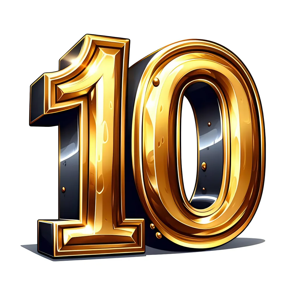 Golden Number 10 with Glossy Shine on White Background