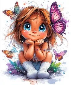 Illustration of a Smiling Girl with Big Blue Eyes Surrounded by Colorful Butterflies