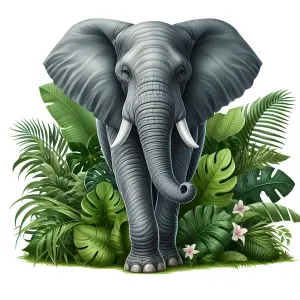 Front View of African Elephant Among Lush Tropical Plants