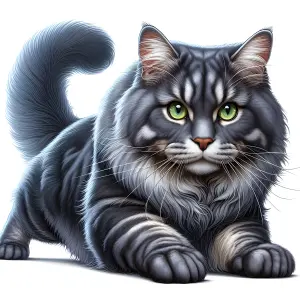 Fluffy Gray Tabby Cat with Green Eyes in Playful Pose