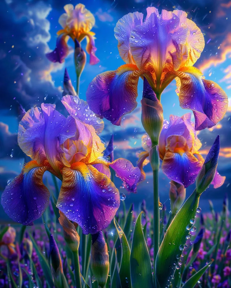 Close-up of vibrant purple and yellow irises with water droplets at sunset