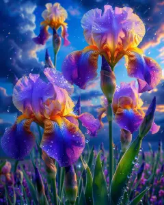Close-up of vibrant purple and yellow irises with water droplets at sunset