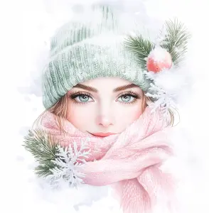 Winter Portrait of Woman with Green Beanie and Pink Scarf