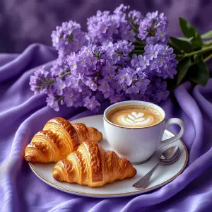 Croissants and Cappuccino with Purple Flowers on Lilac Fabric