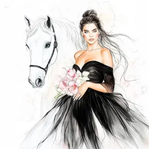 Elegant Woman in Black Dress with White Horse Illustration