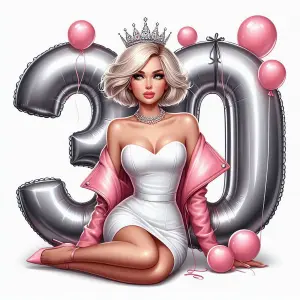 Woman Celebrating 30th Birthday with Balloons and Tiara