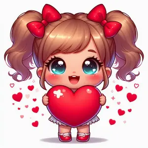 Cute Cartoon Girl Holding a Large Red Heart with Floating Hearts