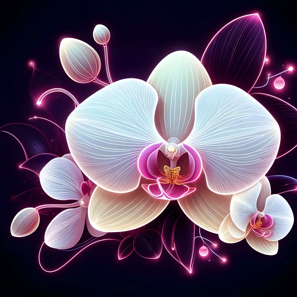 Glowing Digital Orchid Flowers on Dark Background