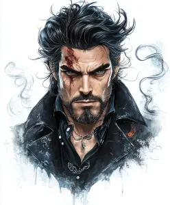 Intense Portrait of a Man with Facial Scar and Dark Hair