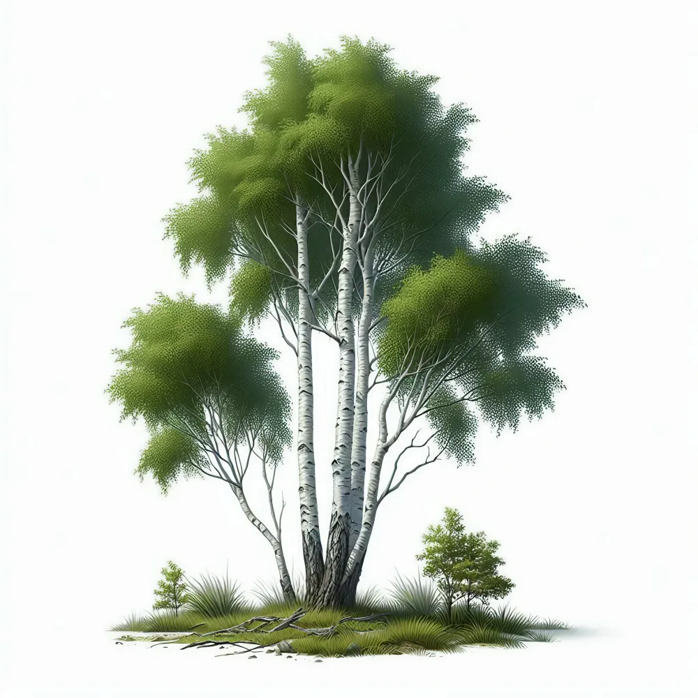 Cluster of Birch Trees with Lush Green Leaves in Isolated Scene
