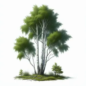 Cluster of Birch Trees with Lush Green Leaves in Isolated Scene