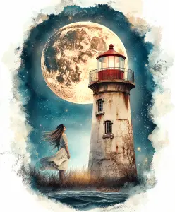 Woman Standing Near Lighthouse Under Large Full Moon