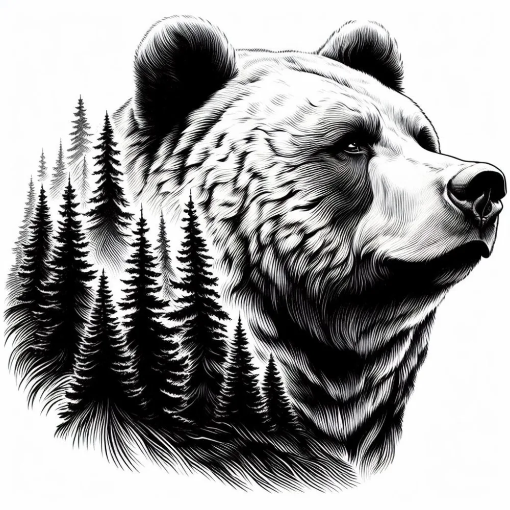 Detailed Black and White Illustration of a Bear with Pine Trees
