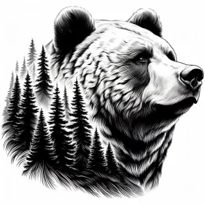 Detailed Black and White Illustration of a Bear with Pine Trees