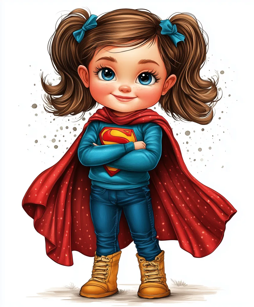 Cute Little Girl Dressed as Supergirl with Red Cape and Blue Outfit