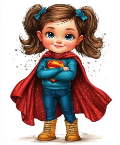 Cute Little Girl Dressed as Supergirl with Red Cape and Blue Outfit