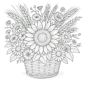 Black and White Basket of Flowers Coloring Page