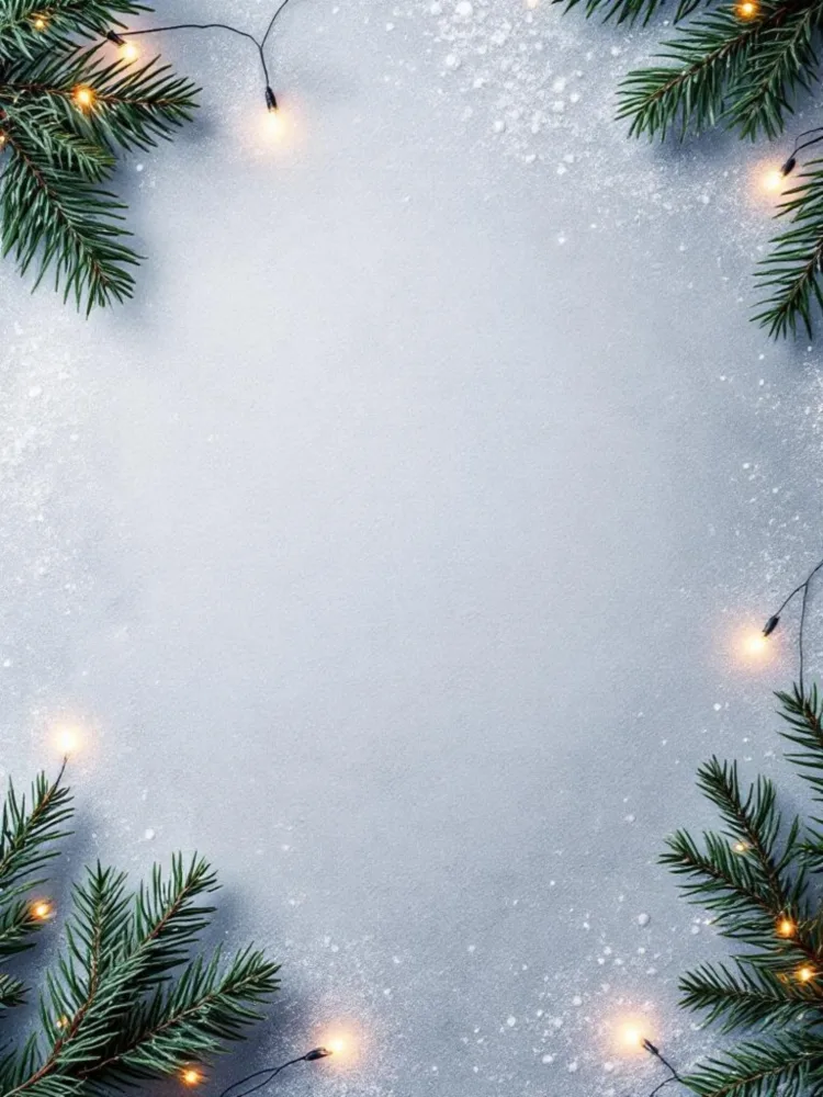 Snowy Winter Background with Pine Branches and String Lights