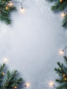 Snowy Winter Background with Pine Branches and String Lights