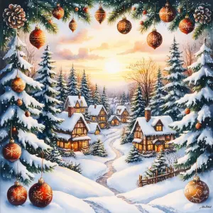 Snowy Village at Sunset with Christmas Ornaments