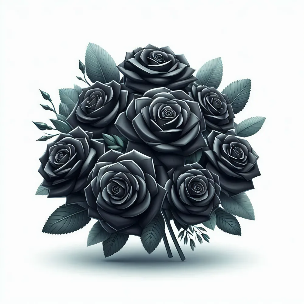 Bouquet of Black Roses with Green Leaves on White Background