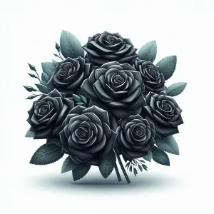 Bouquet of Black Roses with Green Leaves on White Background