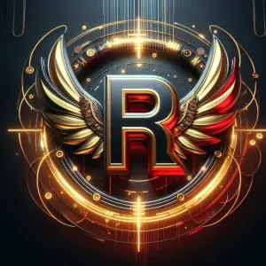 3D Metallic Letter R with Golden Wings and Futuristic Neon Circles