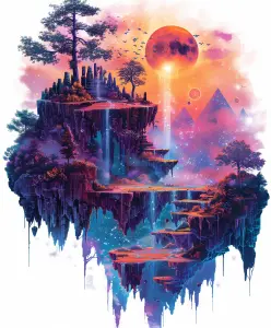 Floating Fantasy Island with Waterfalls and Surreal Cosmic Sky