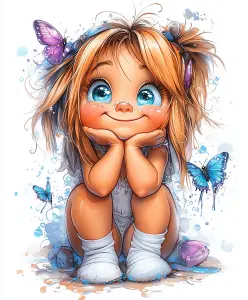 Cute Cartoon Little Girl with Blue Butterflies