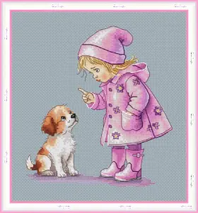 Cross Stitch Art of Little Girl in Pink Outfit with Puppy