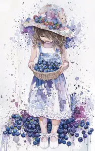 Watercolor Illustration of a Girl in a Blue Dress Holding Basket of Blueberries