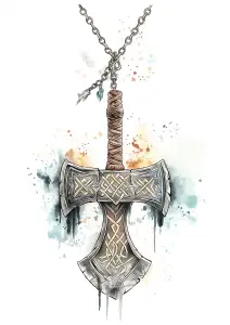Artistic Watercolor Illustration of Celtic Style Cross Axe Pendant