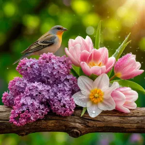 Bird Perched on Blossoms with Dew Drops in Sunlit Garden