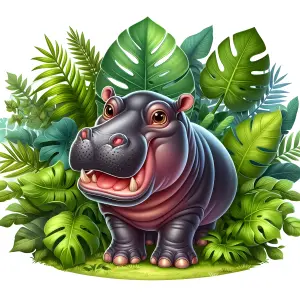 Cute Cartoon Hippopotamus Surrounded by Tropical Green Leaves