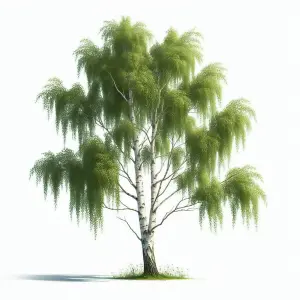 Green Birch Tree with Fresh Leaves on White Background