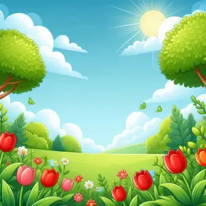 Sunny Spring Garden with Colorful Flowers and Green Trees