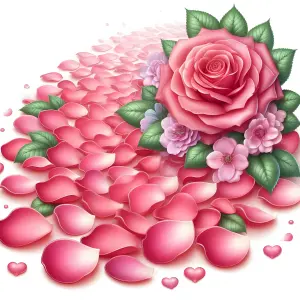 Pink Rose with Scattered Petals and Heart Shapes
