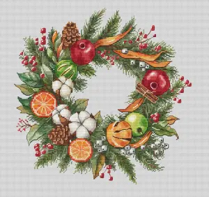 Cross Stitch Pattern of Holiday Wreath with Pinecones and Fruits