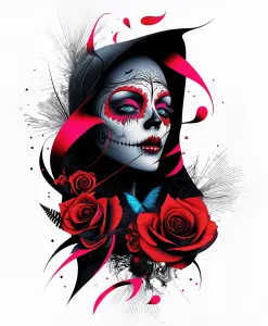 Artistic Día de los Muertos Skull Makeup with Red Roses and Butterfly