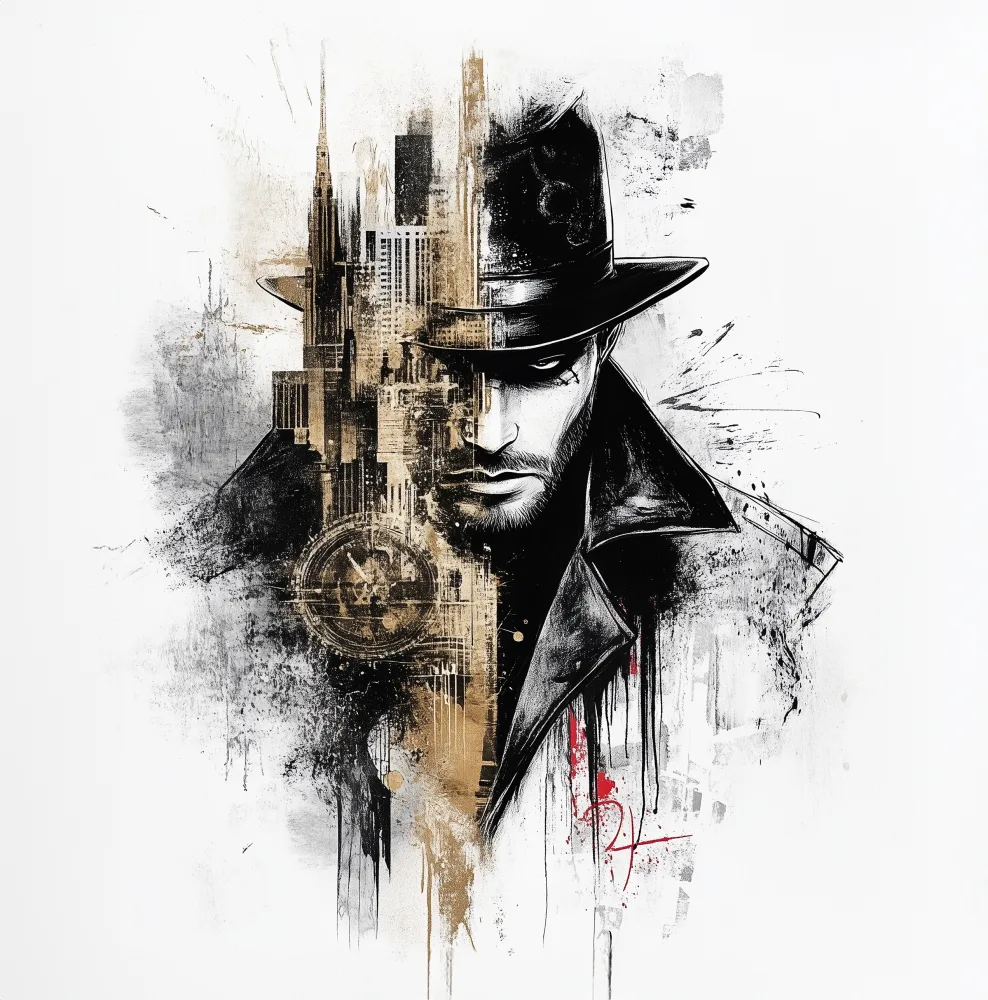 Abstract Illustration of a Mysterious Man with Cityscape