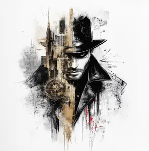 Abstract Illustration of a Mysterious Man with Cityscape