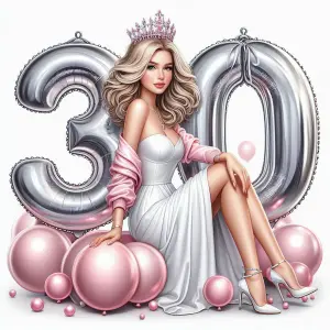 Elegant woman celebrating 30th birthday with silver and pink balloons