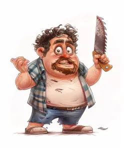 Cartoon Man Holding Large Saw with Confused Expression
