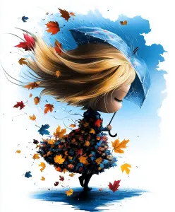 Digital Illustration of Girl Walking with Umbrella in Autumn Wind
