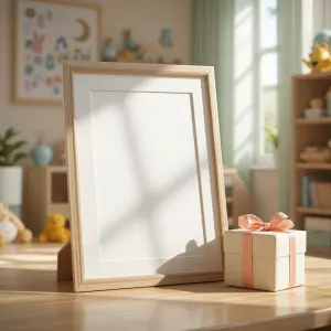 Blank Wooden Photo Frame with Gift Box on Table in Sunny Room