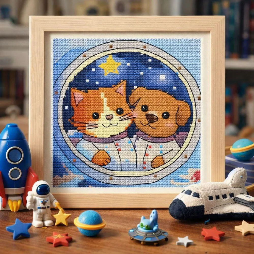 Framed Cross-Stitch of Cat and Dog Astronauts with Space Toys