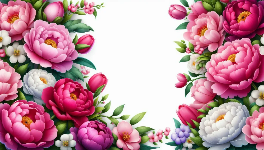 Floral Border with Pink and White Peonies and Tulips