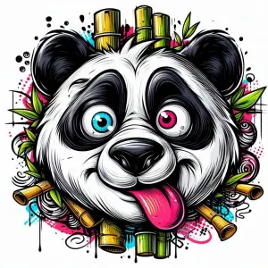 Colorful Cartoon Panda Face with Heterochromatic Eyes and Bamboo