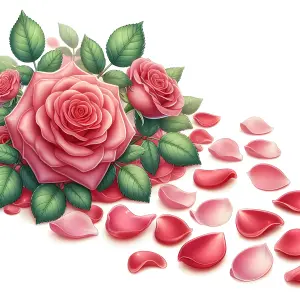 Pink Roses with Scattered Petals on White Background