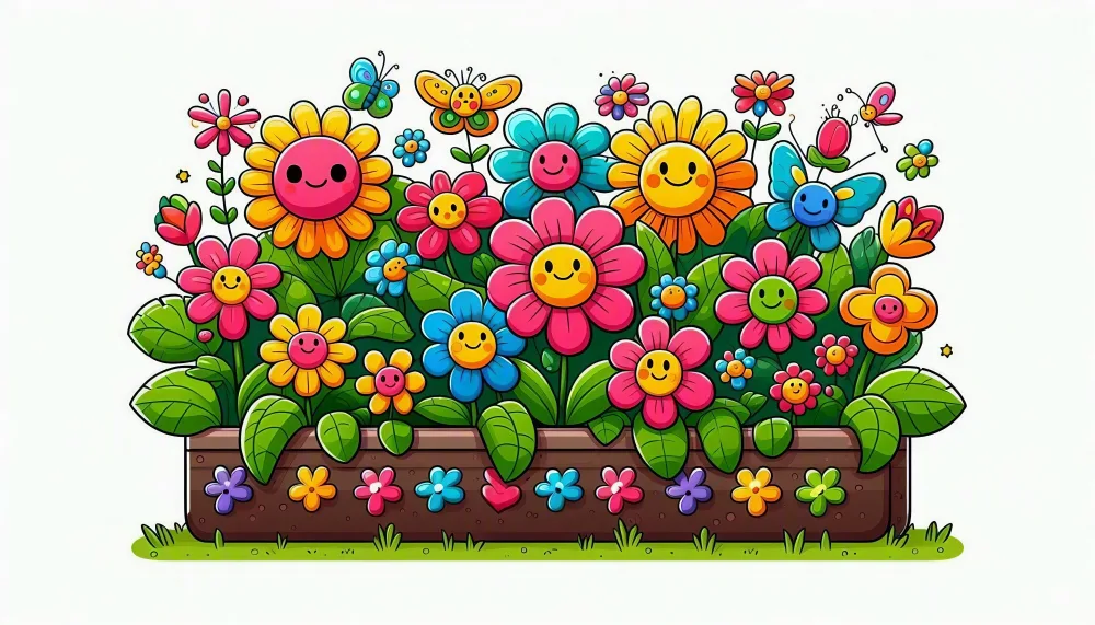 Cartoon Flower Garden with Smiling Faces and Butterflies